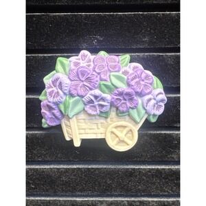 Vintage HMK‎ Marked Purple Pansy Flowers in Cream Flower Cart Plastic Brooch Pin